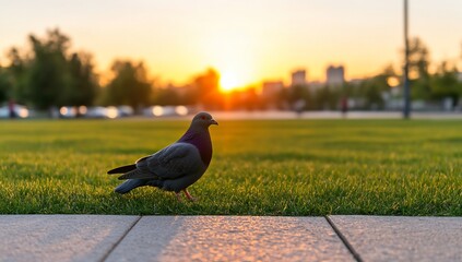 A pigeon walks on a path with a sunset backdrop in a park.