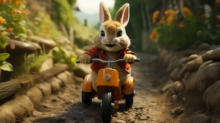  Adorable Bunny Riding Vintage Tricycle Down Rustic Path