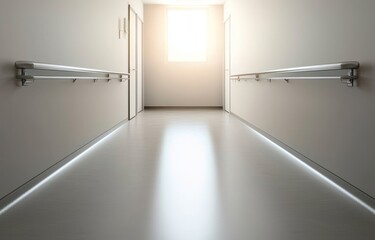 Aufkleber - An abstract, defocused technology space background, with an empty business corridor or shopping mall, and a blurred medical or hospital corridor with a contemporary clinic.