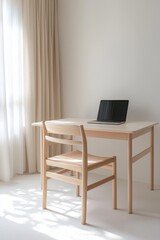 Poster - A modern home office interior with a desk, laptop, golden lamp, and stationery on a white surface, illustrating a stylish design concept.