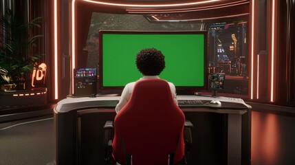 Fototapete - Gamer's rig with a mock up green screen monitor stands on a table in a cozy modern room lit by pink neon lights.