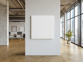 Aufkleber - In a 3D rendering mockup, a bright concrete office with large windows and a blank wall.