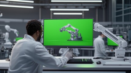 Poster - On the foreground is a photo of an engineer working with a green mock-up screen desktop computer. In the background is a photo of an engineering facility with specialists working on blueprints and