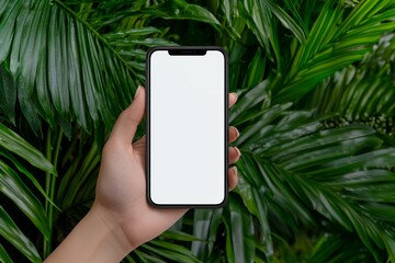Poster - This mockup image shows hands holding a black mobile phone, with a blank desktop screen in front of a green nature background.
