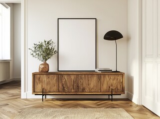 Poster - A 3D illustration of a vertical wooden frame poster, positioned on a wooden floor in front of a white wall.
