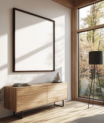 Poster - Interior of a farmhouse living room with a mockup frame, rendered in 3D.