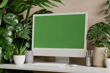Aufkleber - An office desktop with a mock-up green screen and a lovely plant in a black pot with white background
