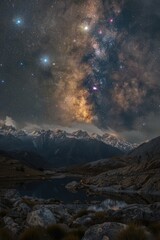 Wall Mural - Galaxy, stars and planets at night; scenic mountainous landscape under dark sky.