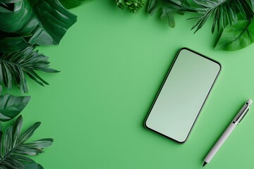 Poster - The flat lay of a mobile smart phone with a blank screen is on a green background with a pencil and leaf.