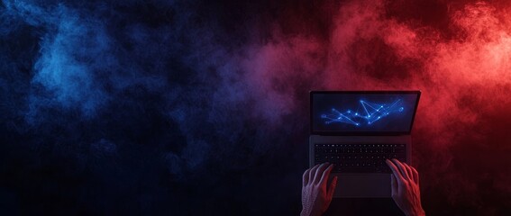 Poster - In a smart city, a man utilizes a mobile phone and laptop, surrounded by the concepts of big data, digital technology, internet networks, and futuristic technology.
