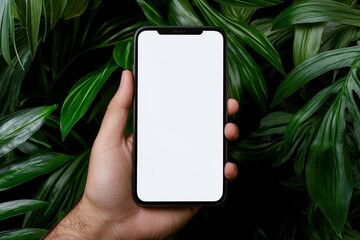 Leinwandbilder - The young man is using his smart phone while sitting in a park. He has a blank screen for advertisements.