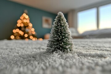 Fototapete - A snowy scene with empty white expanse, featuring a blurred Christmas tree with shimmering bokeh lights.