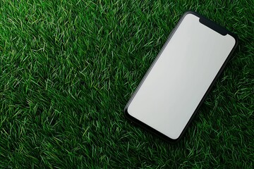 Poster - The screen of a mobile phone with an empty space for text (touchscreen), on high grass, outside, in the shade, from a close distance, without a person on it