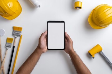 Poster - A woman holding painter's tools and a tablet computer against a green background