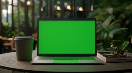 Aufkleber - Mock-up of a laptop with green screen. Electron microscope with chroma key template. MacBook display close up. Blank business mockup on wooden table. Modern gadget on wooden table in horizontal