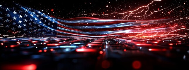 Aufkleber - Flag rendered in 3D, made of vibrant neon lights with a futuristic and striking aesthetic. Concept of patriotism, innovation, and modern design.