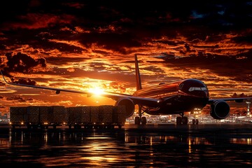 Aufkleber - At sunset, cargo is loaded onto an airplane, demonstrating logistics and global trade.