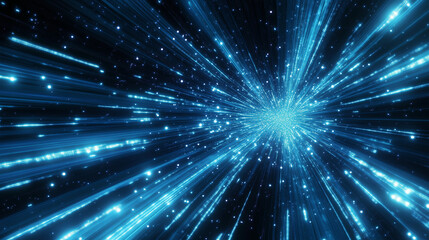 Wall Mural - Blue light beams in motion creating a dynamic warp speed effect with glowing stars in deep space