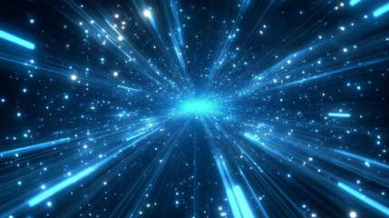 Wall Mural - Dynamic space scene with blue glowing light rays and stars creating a sense of motion and depth