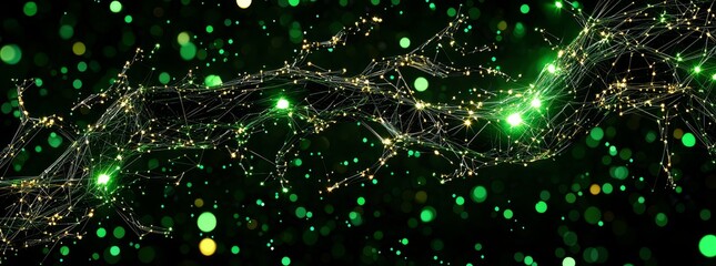 Fototapete - Abstract green background with a network grid and particles. Sci-fi digital technology with a data graphic background.