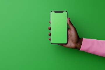 Poster - Hand held phone isolated on green. Smartphone mockup.