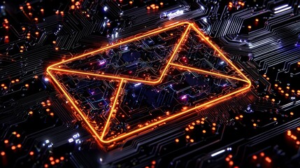 Fototapete - Black background with an abstract technology background and a mail sign, which can be used as a marketing or newsletter concept