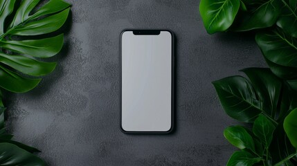 Poster - The screen of a smartphone is blank on a gray background with a green plant.