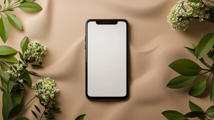 Poster - Top view of a mockup of a smartphone with a blank screen and green leaves on a pink background