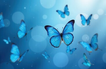 A beautiful group of blue butterflies is gracefully flying in the air