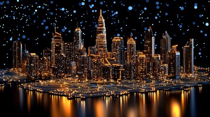Aufkleber - Conceptual image depicting a futuristic cityscape with glowing neon lights and illuminated circuit board pathways. Displaying advanced technology, innovation, and urban development.