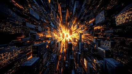 Aufkleber - Nighttime aerial view of an advanced technological city at night with blue and orange lights. Concept of technology, smart cities, and future innovation.