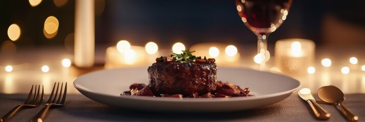 Poster - Luxurious dining experience featuring gourmet dish and elegant table setting in a cozy evening ambiance. Generative AI