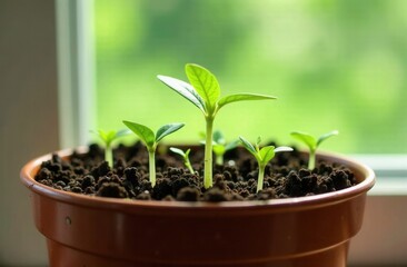 A small green plant is thriving beautifully in a pot on a sill