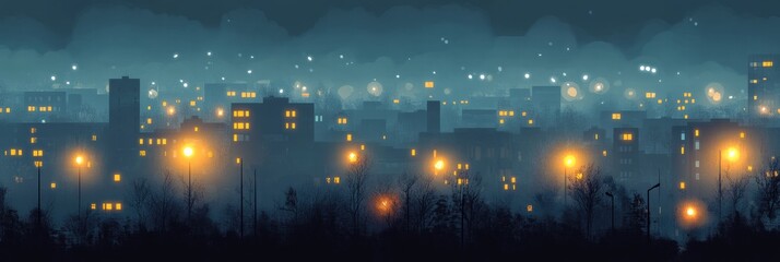 Aufkleber - Dark cityscape at night with illuminated windows and distant lights over urban landscape. Generative AI