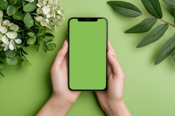 Poster - A woman holds a modern smartphone with a green screen, against a plant-covered green background.