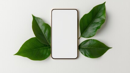 Poster - On a white background, a smartphone shows a white screen surrounded by green leaves