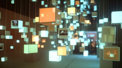Aufkleber - Floating cubes with abstract symbols create a vibrant display in a contemporary art space. Generative AI