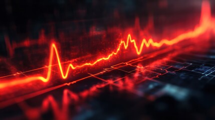 Red glowing digital heartbeat line graph on dark background.