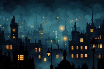 Aufkleber - Mysterious dark cityscape illuminated by scattered warm lights in an enchanting night setting. Generative AI