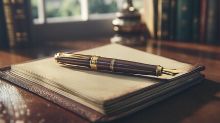 Aufkleber - Luxury fountain pen with gold accents resting on a well worn leather book in a cozy study with natural light. Generative AI