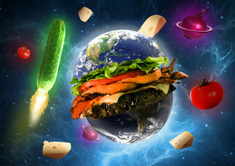 huge earthburger with vegetables and cheese against space background with stars fantasy concept