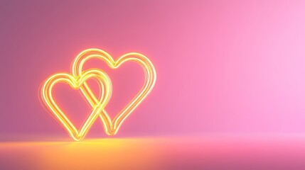 Wall Mural - two neon hearts glow yellow soft light on pink with soft gradient background, neon sign, banner for lovers day