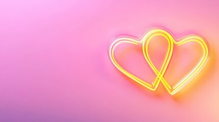 Wall Mural - two neon hearts glow yellow soft light on pink with soft gradient background, neon sign, banner for lovers day 