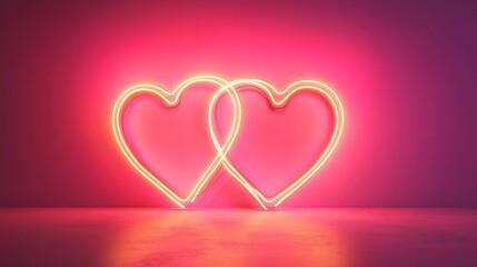 Wall Mural - neon sign, banner for lovers day, two neon hearts on pink with soft gradient background 