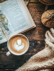 Aufkleber - Enjoying a cozy moment with coffee and a travel guide on a rustic wooden table in a warm setting. Generative AI