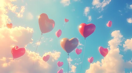 Canvas Print - Heart-shaped balloons ascending in a vibrant, sunny sky.