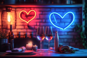 Wall Mural - Romantic dinner neon logo vector. Romantic dinner neon sign, design template, modern design trends, night neon sign, night light advertisement, light banner. 