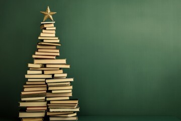 Aufkleber - Creative Christmas tree composed of stacked books on a green background for a unique holiday decor idea. Generative AI