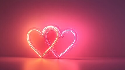 Wall Mural - two neon hearts glow with on pink with gradient background, neon sign, banner for lovers day , copy space