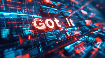 A computer screen with the word GOT IT in red letters. The image is a colorful, abstract design with a futuristic feel